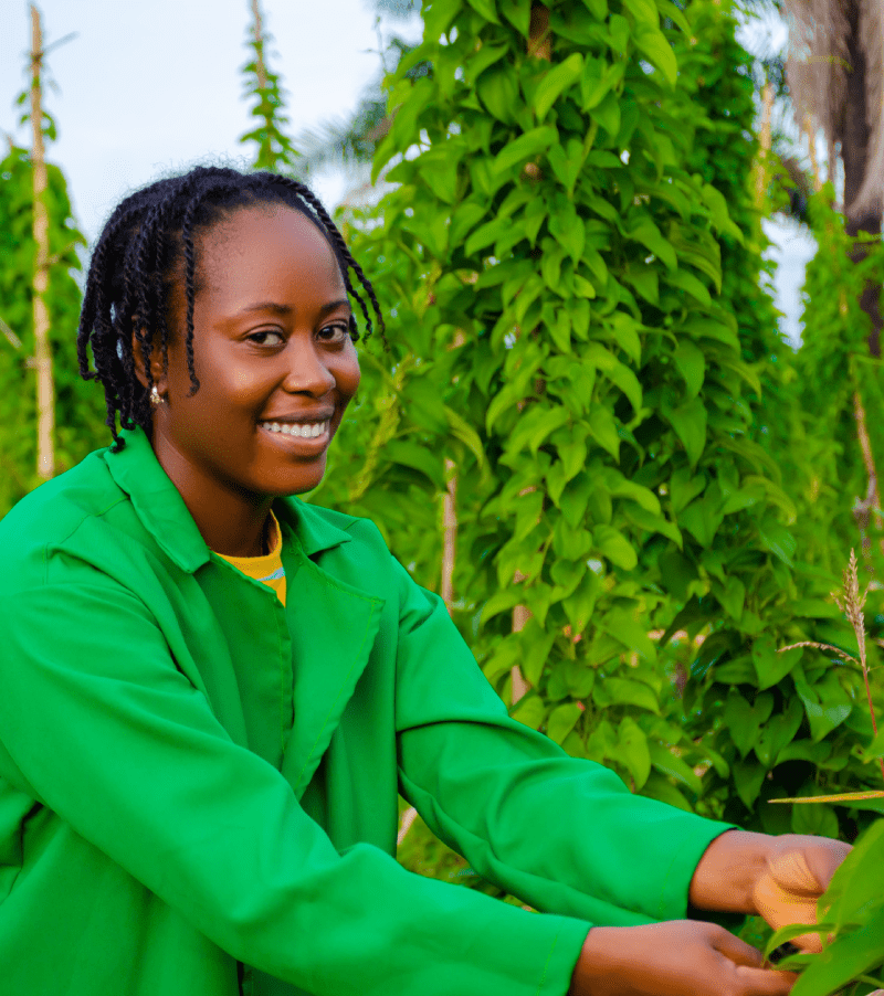 A woman in a green coat is gently picking up a potted plant from the ground in a natural setting. A woman in a green coat is gently picking up a potted plant from the ground in a natural setting.